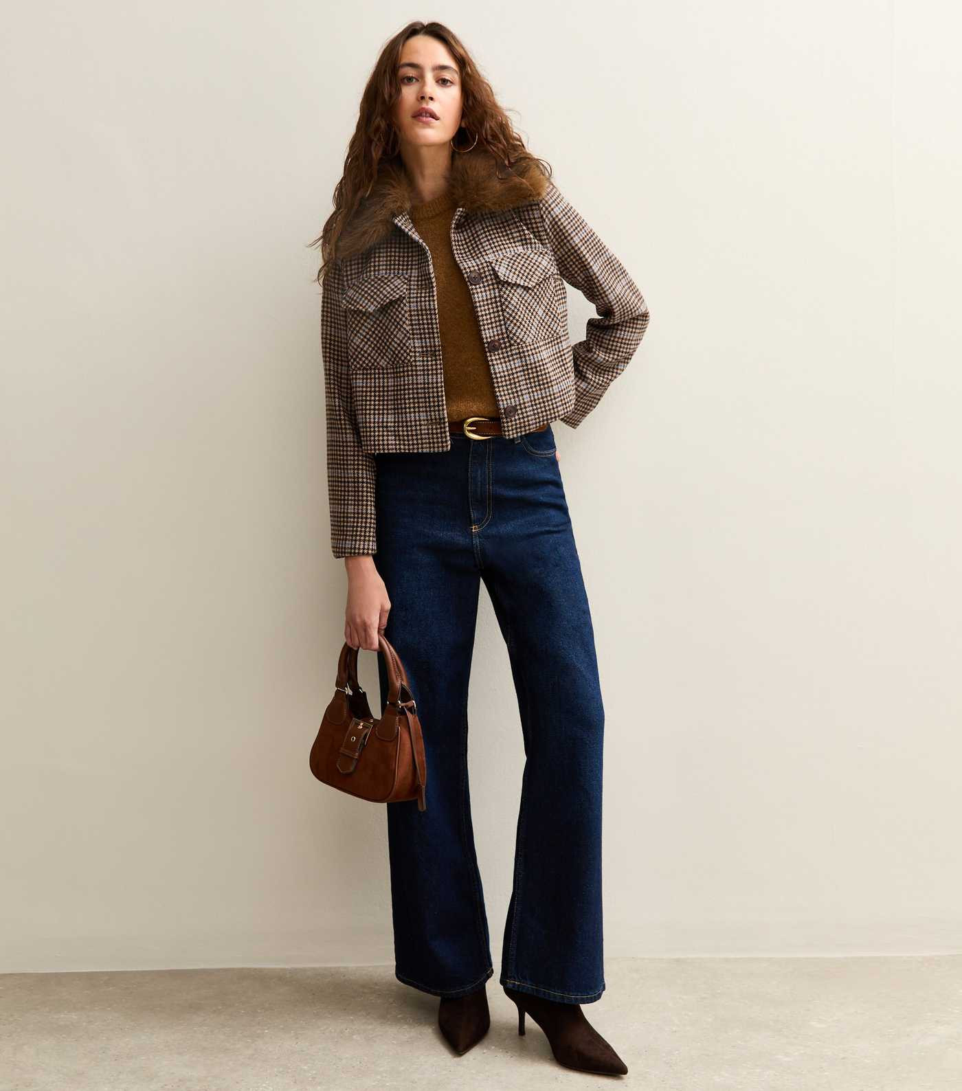 Brown Check Faux Fur Collar Flap Pocket Boxy Jacket | New Look | New Look (UK)