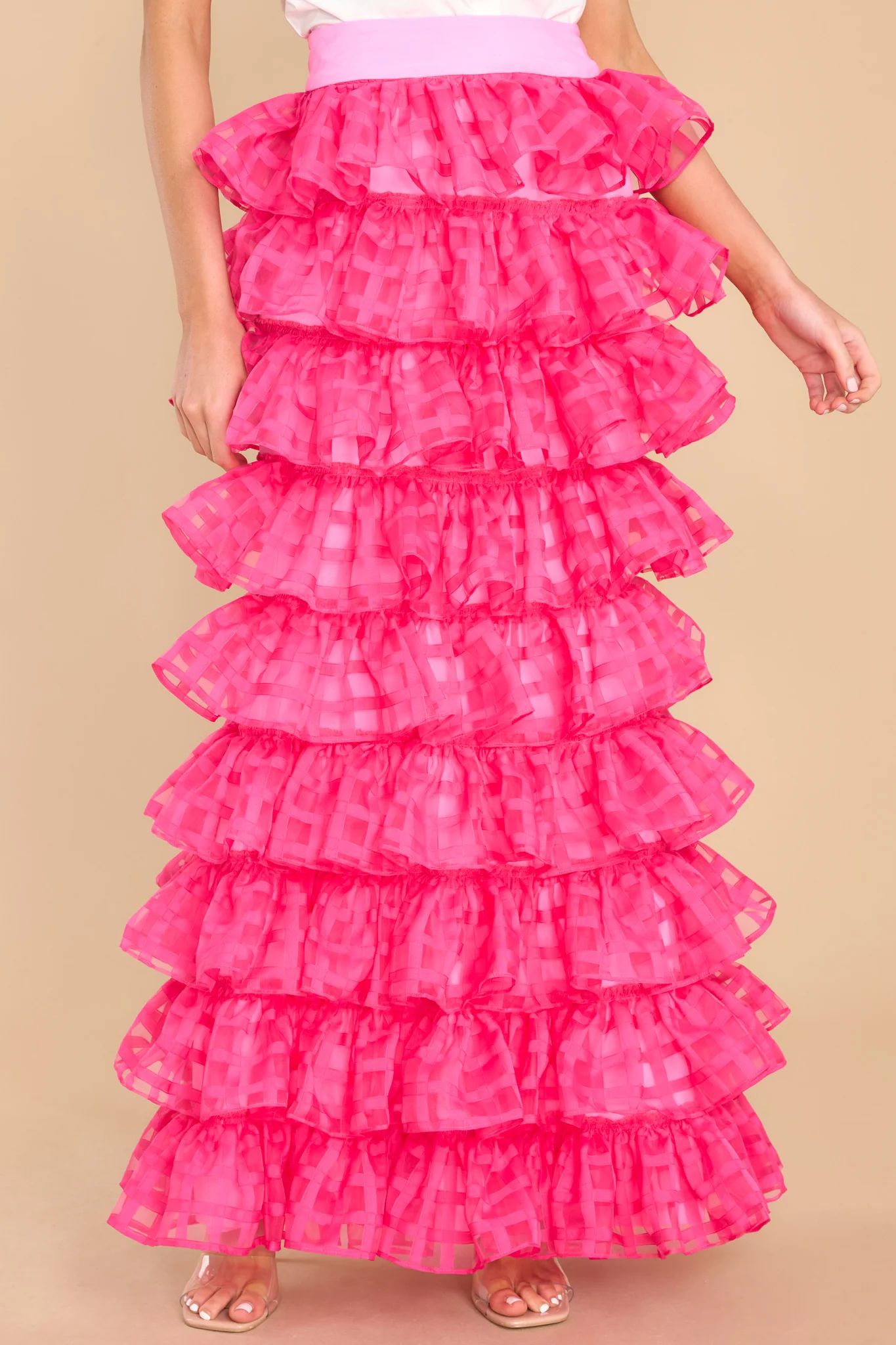 Suri Hot Pink Lattice Organza Ruffle Skirt | Red Dress 