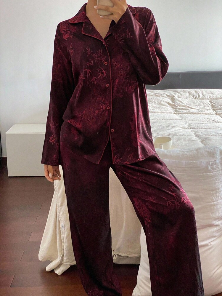 DAZY Chinese Style Bamboo Pattern Satin Pajama Set, Fall Clothes | SHEIN