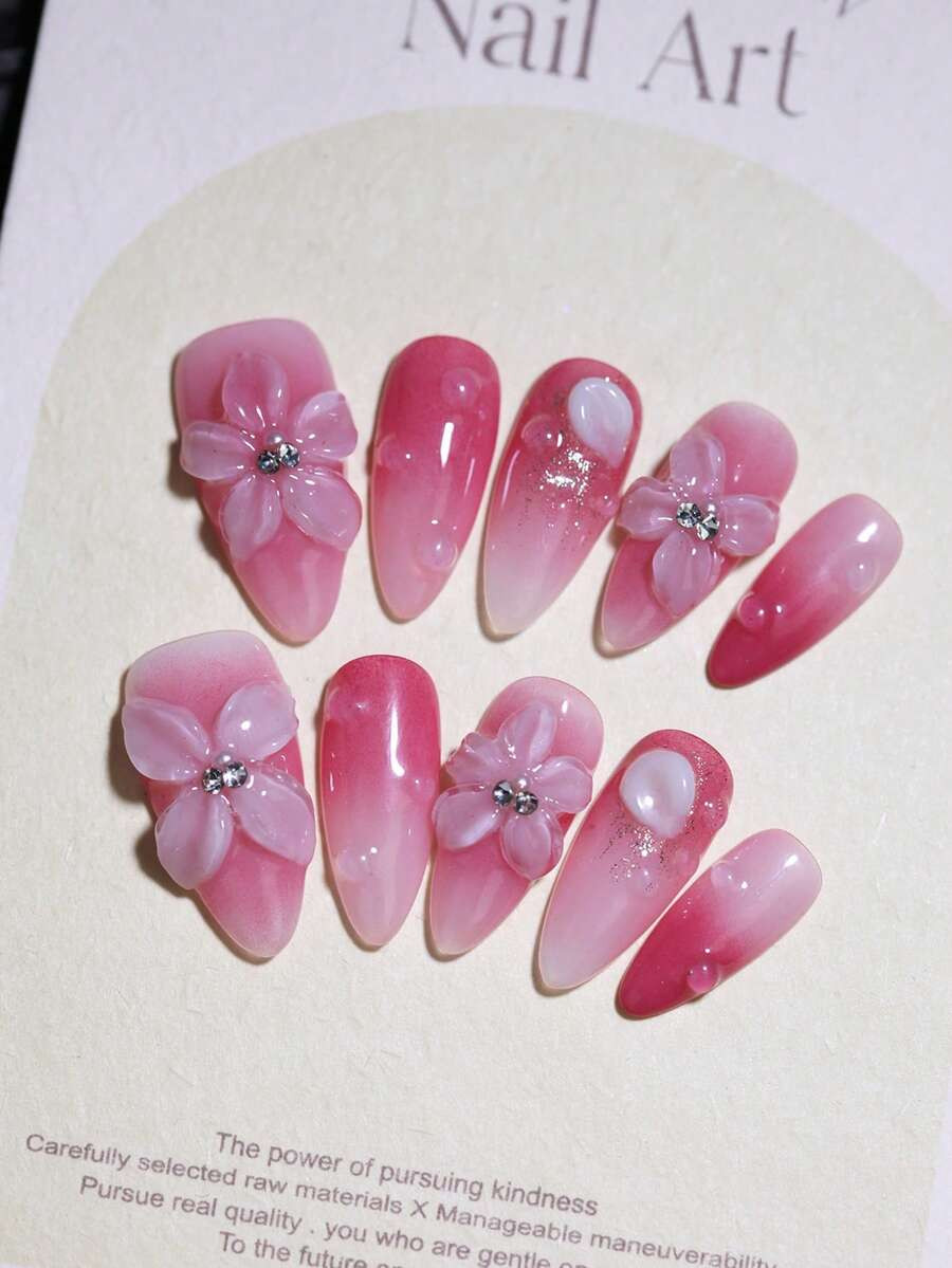 10pcs Almond New Arrival 3D Carved Ombre Red Flower 100% Handmade Press On Nails With Gradient Ro... | SHEIN