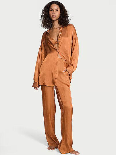 Luxe Sheer Satin Button-Front Long Pajama Set, Brown, Smallreg - Women's Sets - Victoria's Secret | Victoria's Secret (US / CA )