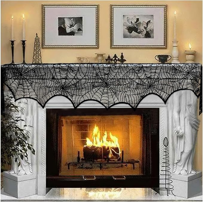 AerWo Halloween Decoration Black Lace Spiderweb Fireplace Mantle Scarf Cover Festive Party Suppli... | Amazon (US)