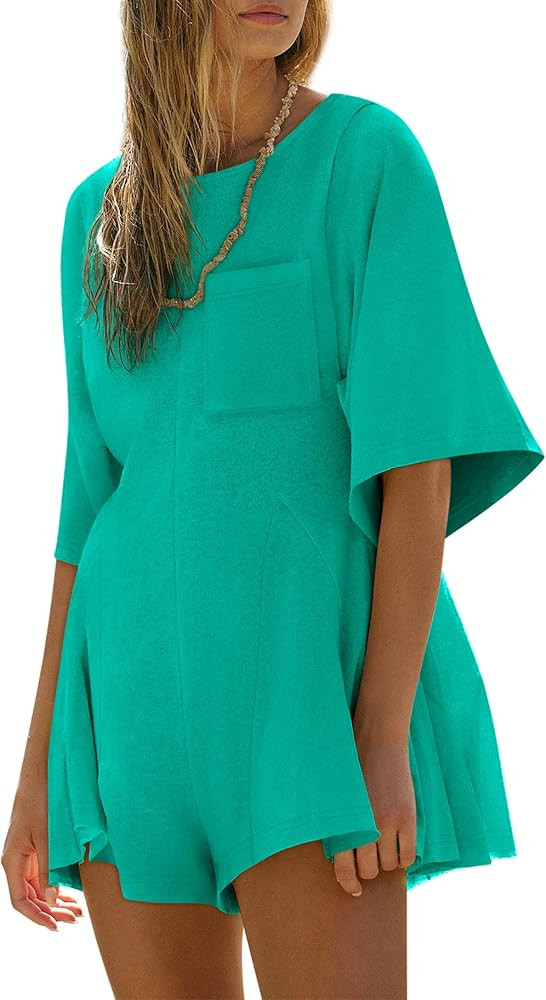 Yousify Rompers for Women Summer Outfits Slim Fit Short Sleeve Crew Neck Jumpsuits with Pocket | Amazon (US)