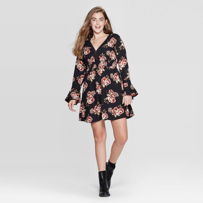 Women's Floral Print Deep V-Neck Long Bell Sleeve Tie Front Lace Trim Mini Dress - Xhilaration™... | Target