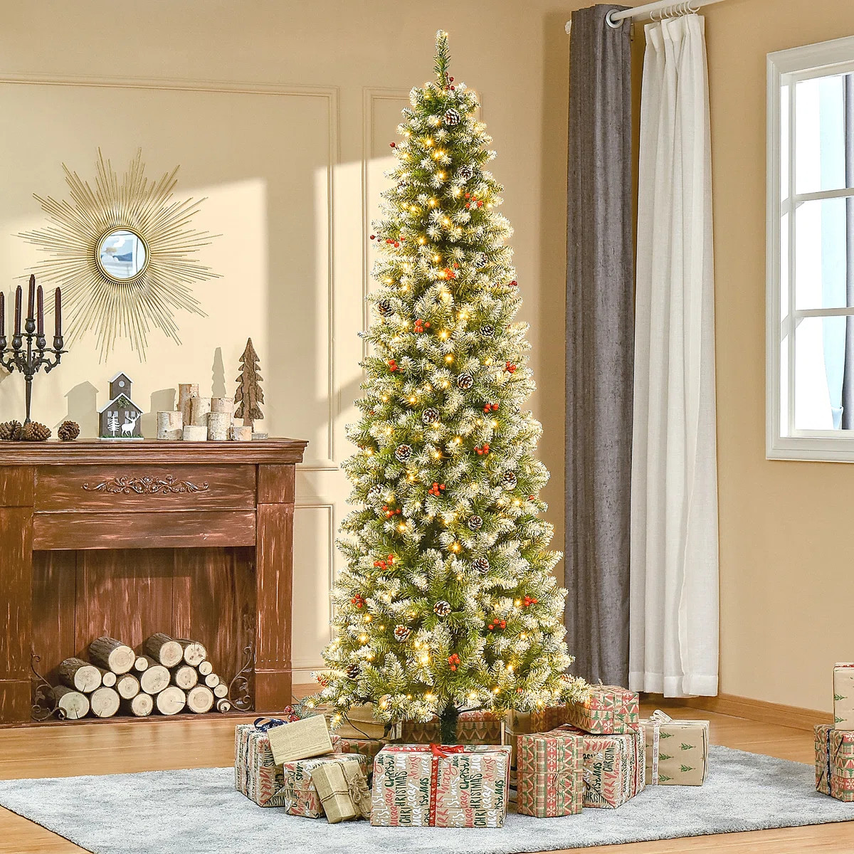 7.5Ft Pre-Lit Snow-Dipped Artificial Christmas Tree With Realistic Branches, 350 LED Lights, Pine... | Wayfair North America