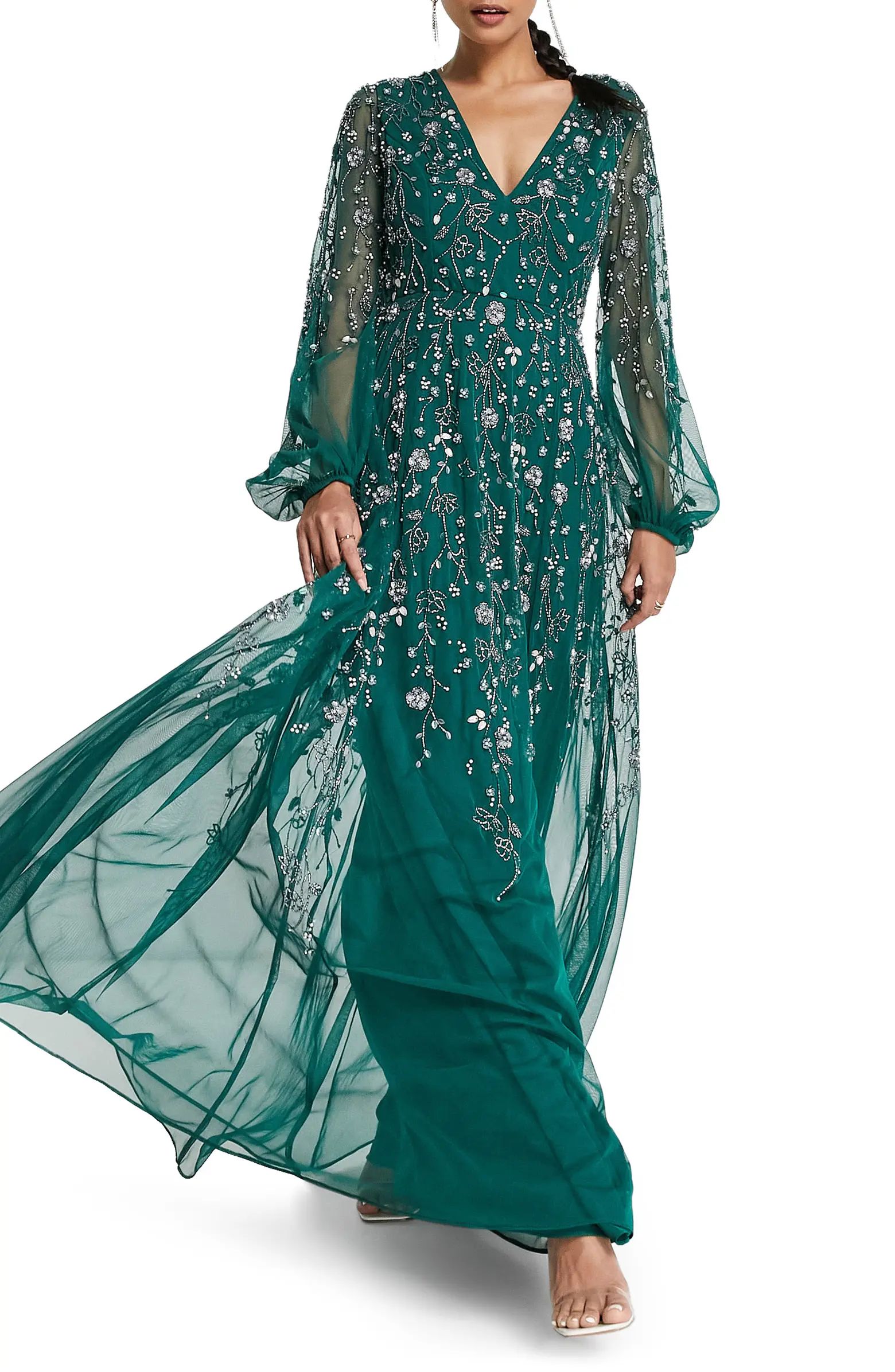 Embellished Long Sleeve Chiffon Gown | Nordstrom