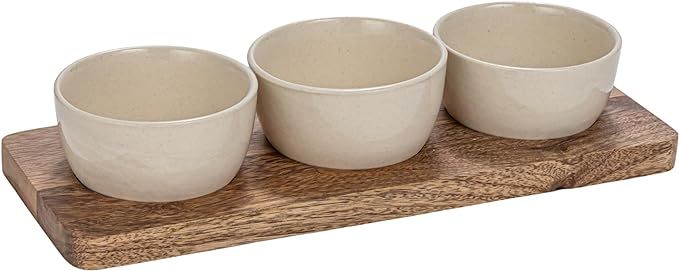 Creative Co-Op 3 Stoneware Bowls on a Mango Wood Tray, Cream and Natural Set of 4 | Amazon (US)
