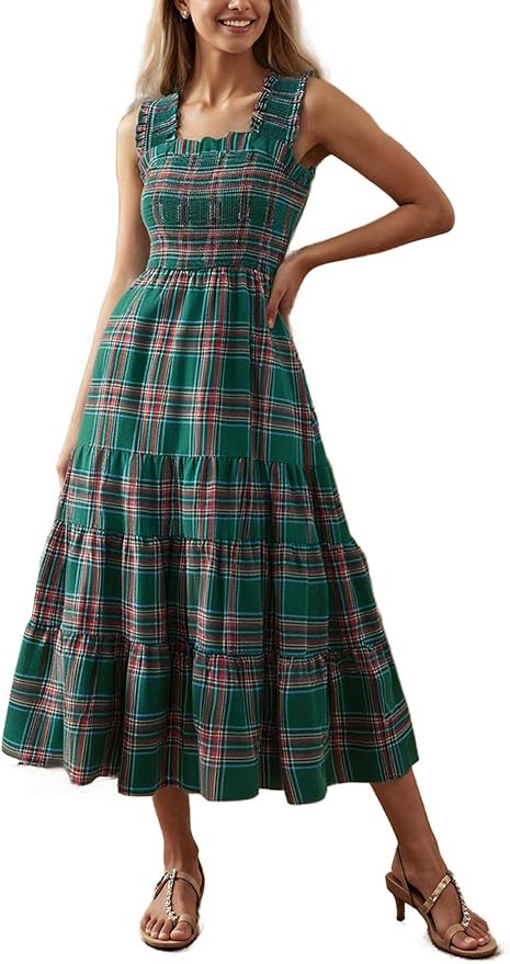 Womens Christmas Plaid Dress Casual Sleeveless Backless A Line Smocked Long Dress for Party Beach... | Amazon (US)