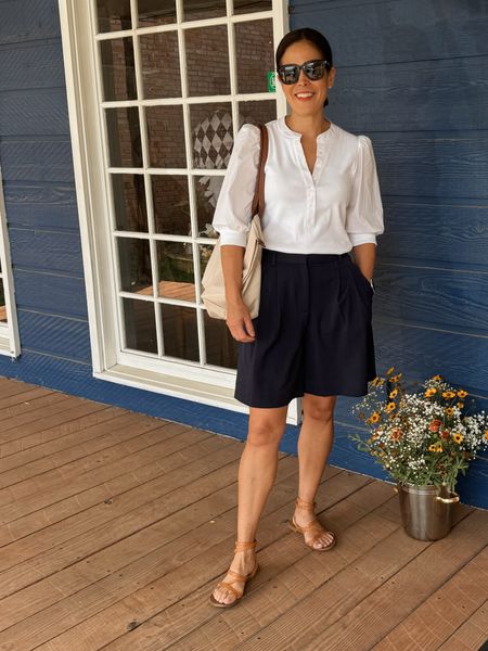 Spring Outfit
Navy Shorts/TTS
Veronica Beard Top/wearing medium 
Longchamp Tote
Sèzane Sandals/TTS
Shorts outfit 

#LTKstyletip #LTKover40