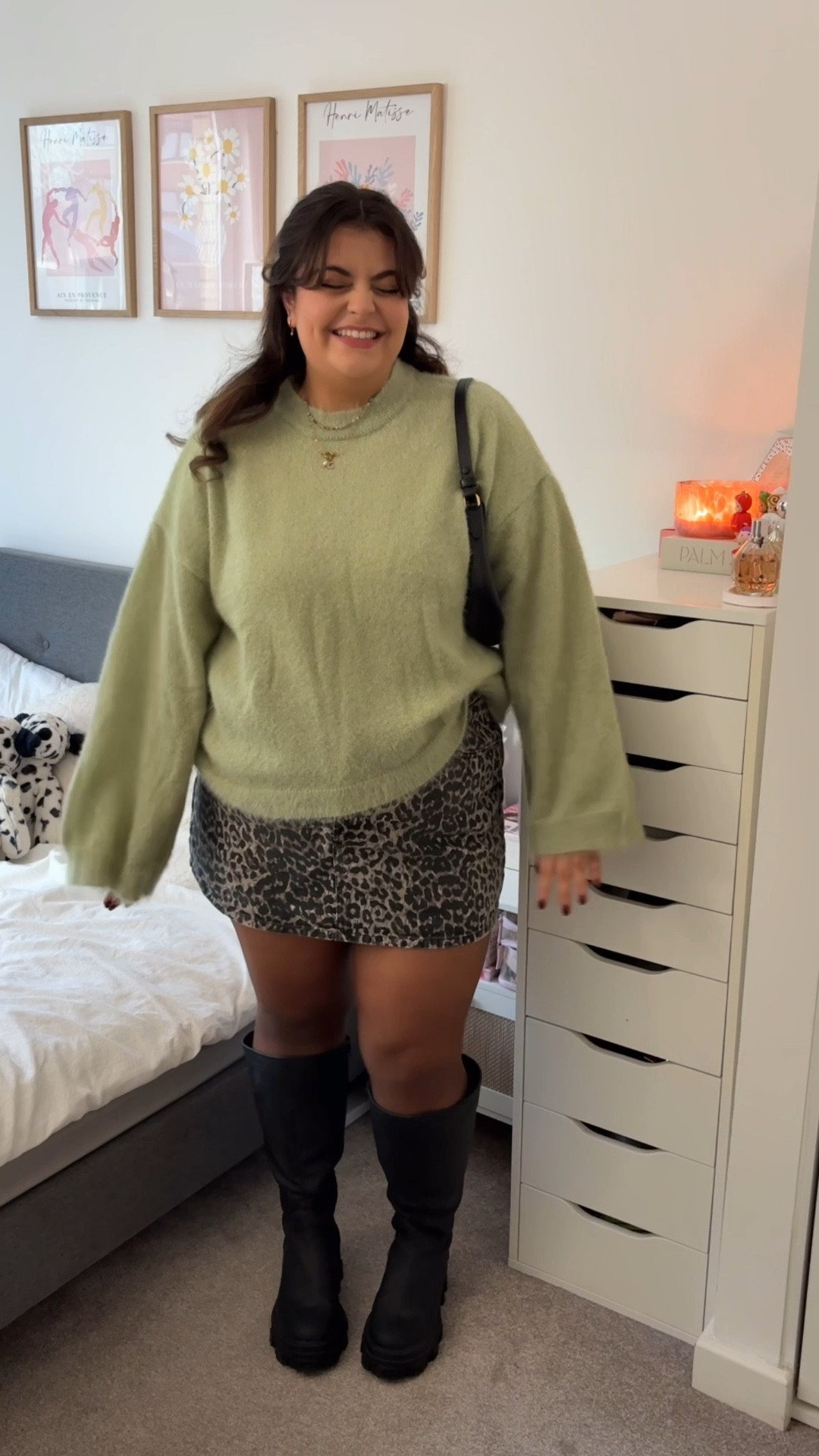 Recreating Pinterest outfits 📍 

Green jumper, leopard print denim skirt, leopard print mini skirt, knee high boots, 

#LTKwinter #LTKuk #LTKmidsize