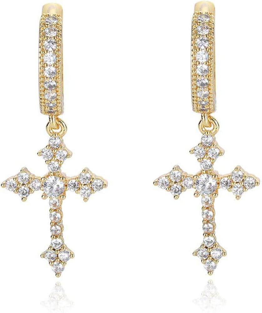 Cross Earrings for Men Women 14K Gold Plated Hypoallergenic Dangle Hoop Earrings Cubic Zirconia E... | Amazon (US)