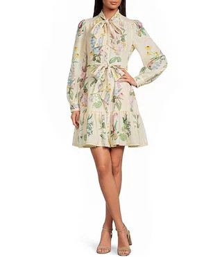 Floral Print Linen Blend Round Tie Neck Long Sleeve Button Front Flounce Mini Dress | Dillard's