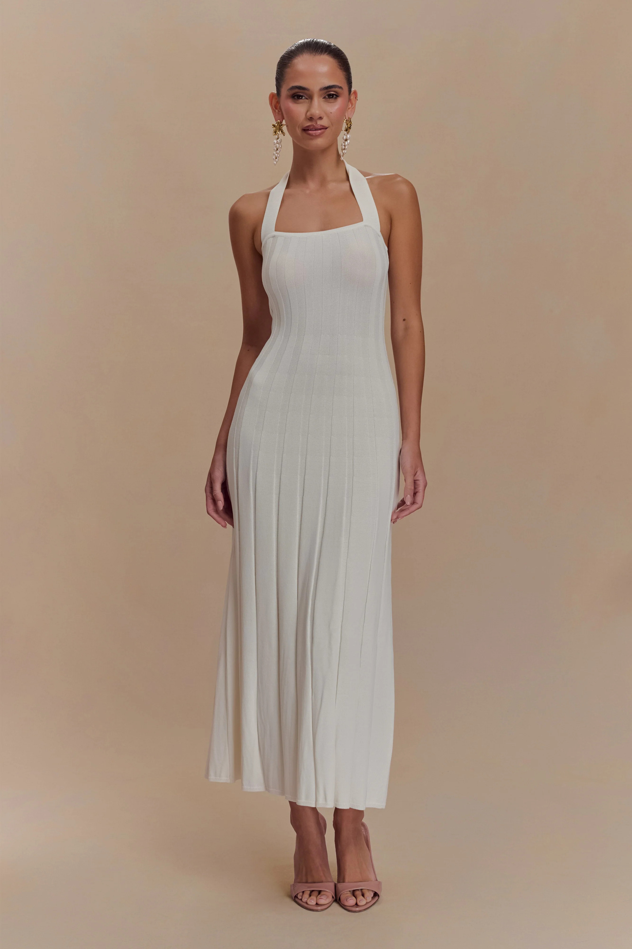 Halter Knit Midi Dress - Ivory | MESHKI US