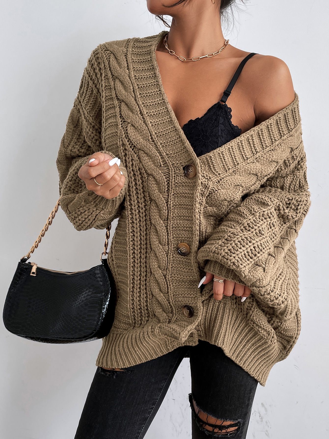 Solid Button Front Cable Knit Cardigan | SHEIN