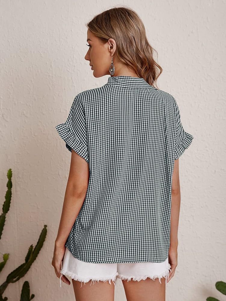 Milumia Women Plaid Notched Neck Collared Blouse Ruffle Short Sleeve Gingham Shirt Top | Amazon (US)
