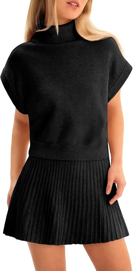 Tankaneo Womens Skirt 2 Piece Sets Sweater Set 2025 Turtleneck Cap Sleeve Crop Top and Pleated Mi... | Amazon (US)