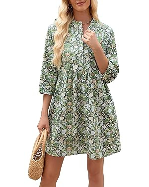 Floral Dress for Women 3/4 Sleeve Button Up Shift Boho Mini Tunic Cotton Shirt Dresses with Pocke... | Amazon (US)