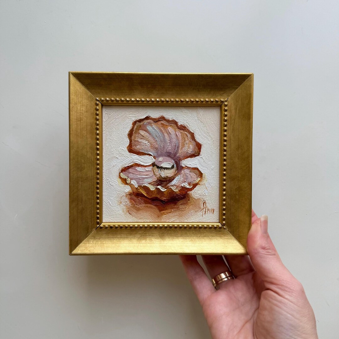 Seashell Pearl Painting Sea Shell with Pearl Artwork Original Oil Painting 4x4 Coastal Wall Art A... | Etsy (US)