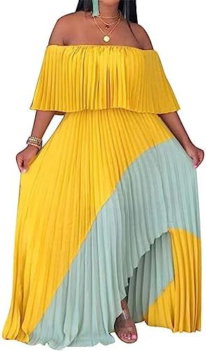 Recious Womens Sexy Off Shoulder Ruched Ruffles Sleeve Chiffon Colorblock Bodycon High Low Hem Pa... | Amazon (US)