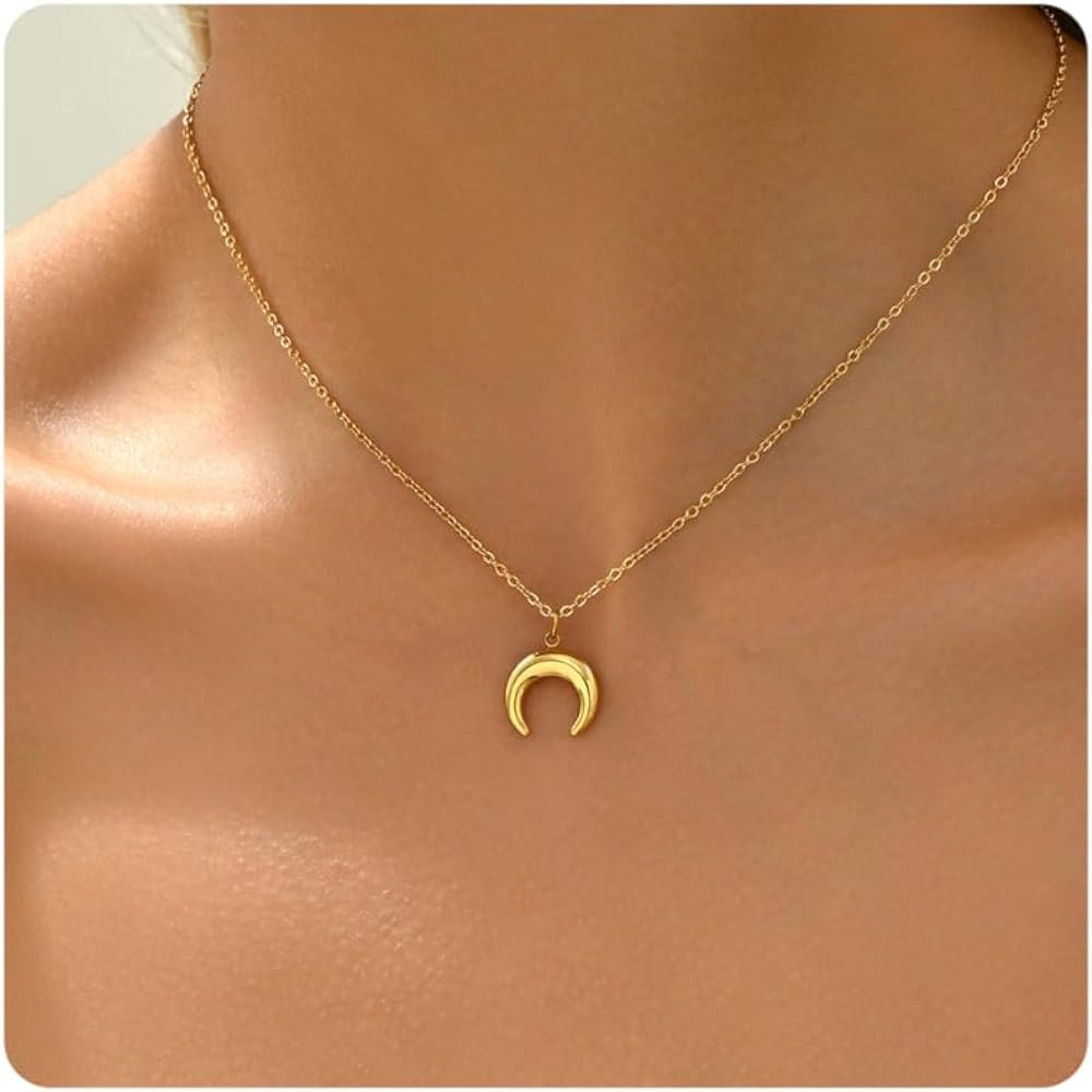 Gold Horn Necklace for Women Dainty Tiny Crescent Moon Necklace 18K Gold Plated Lucky Horse Shoe ... | Amazon (US)