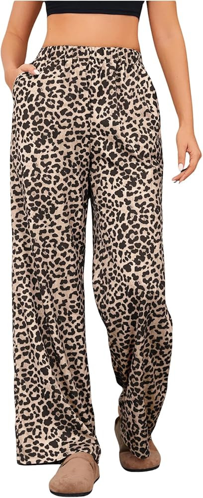 OYOANGLE Women's Leopard Print Elastic High Waist Long Pants Cheetah Printed Wide Leg Loose Trous... | Amazon (US)