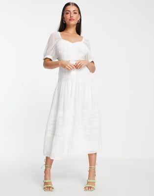 ASOS DESIGN soft sweetheart neck button through midi dress with lace inserts in white | ASOS (Global)