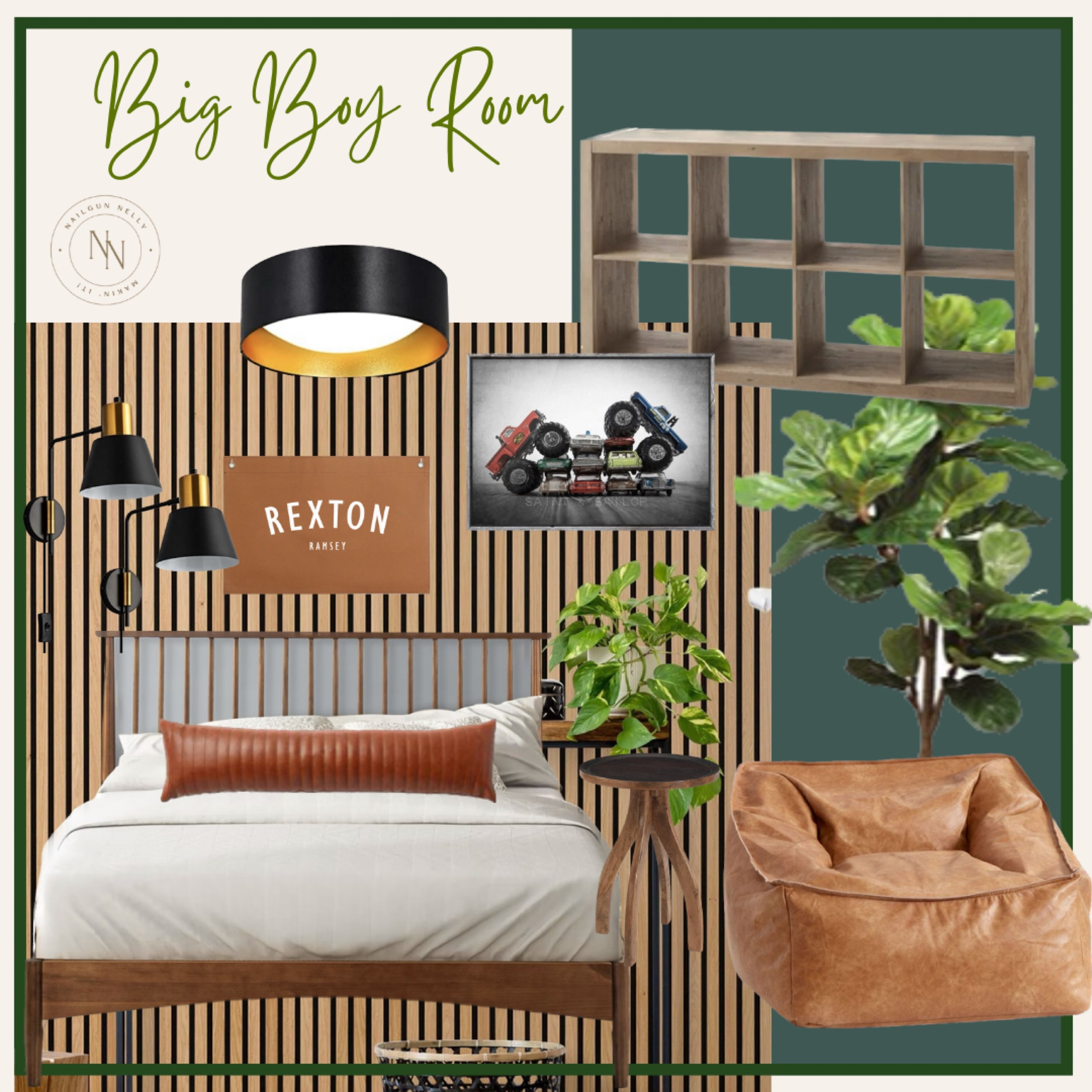 Masculine boys room. Slat wood, leather bean bag, black lighting, gold accents, fiddle lead tree, toy storage, truck art

#LTKbaby #LTKhome #LTKkids
