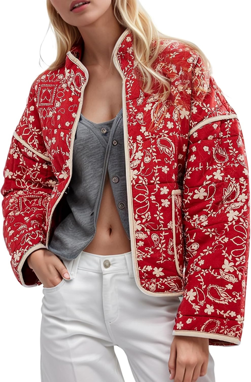 Women's Cropped Puffer Quilted Jacket Vintage Floral Print Open Front Lightweight Short Jacket Outerwear | Amazon (US)