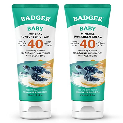 Badger Mineral Baby Sunscreen Cream SPF 40, 98% Organic Toddler Sunscreen with Zinc Oxide, Broad Spectrum, Reef Safe, Water Resistant, Pediatrician Tested Baby Sunblock, 2.9 fl oz, 2-Pack | Amazon (US)