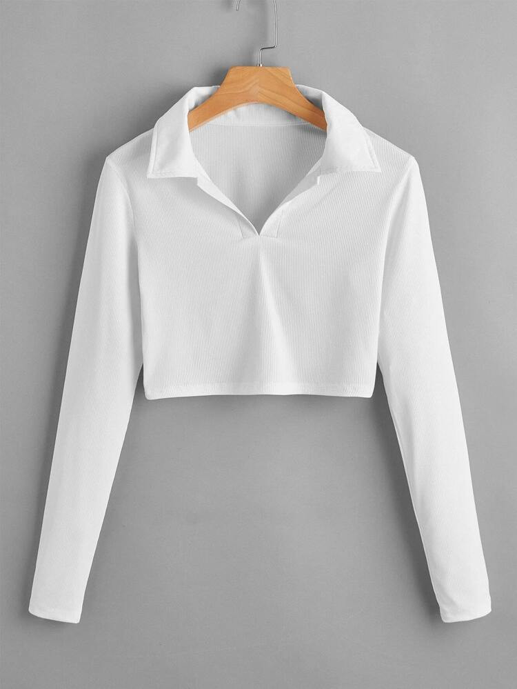 Solid Ribbed Collar Crop Tee | SHEIN