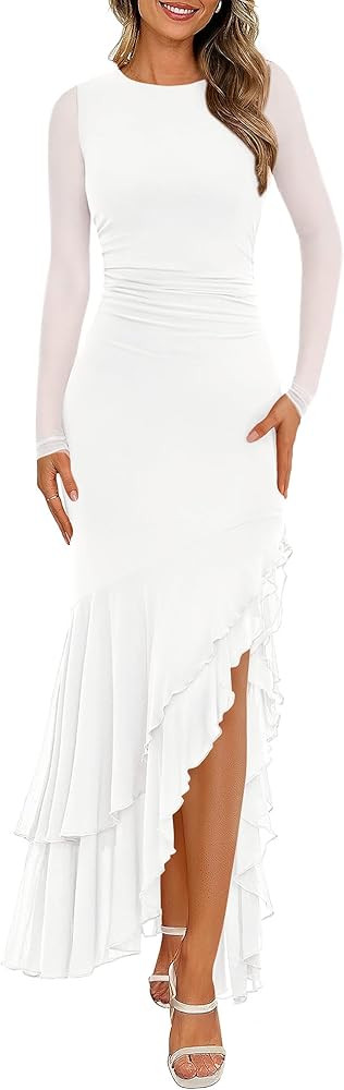 BTFBM Women's Maxi Dresses Fall 2025 Long Sleeve Ruched Bodycon Solid Ruffle Mermaid Cocktail Wed... | Amazon (US)