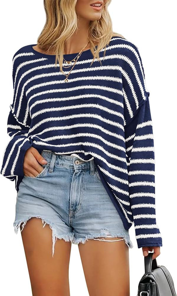 BTFBM Women's Striped Knit Sweaters 2025 Spring Fall Boat Neck Off Shoulder Long Sleeve Oversized... | Amazon (US)
