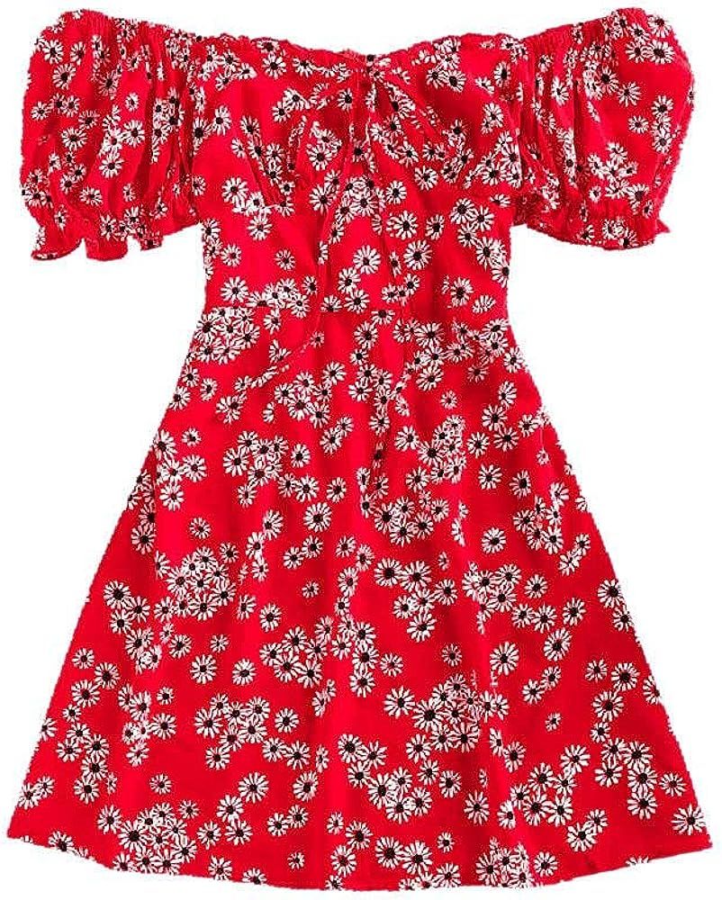 ZAFUL Ditsy Print Puff Sleeve Ruched Mini Mermaid Dress Daisy Floral Tie Slit Off Shoulder Frilled D | Amazon (US)