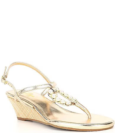Lilly Pulitzer Good As Gold Leather T-Strap Pearl Embellished Wedge Sandals - 9.5 | Dillard's