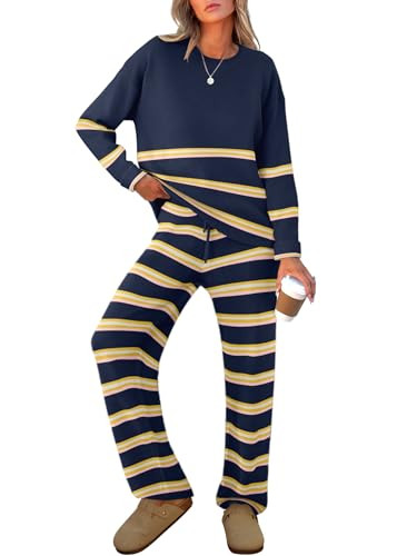 Caracilia Women's 2 Piece Outfits Sweater Sets Striped Oversized Sweaters Knit Wide Leg Pant Lounge Set 2025 Fall Outfits Large | Amazon (US)