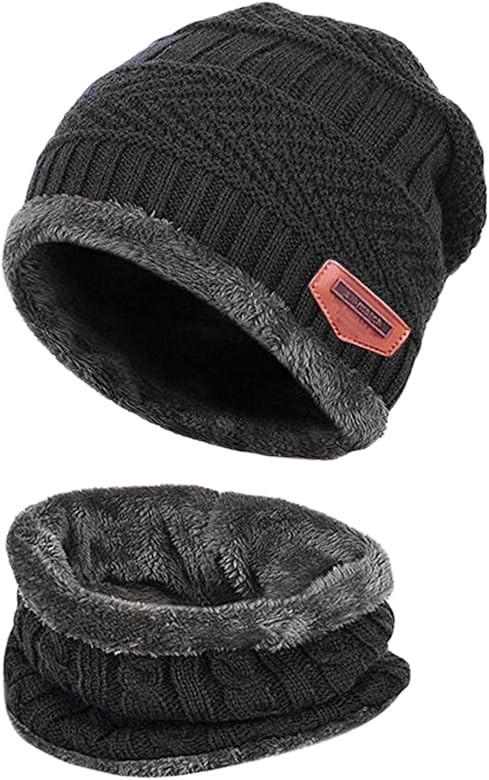 T WILKER 2Pcs Kids Winter Knitted Hats+Scarf Set Warm Fleece Lining Cap for 5-14 Year Old Boys Girls | Amazon (US)