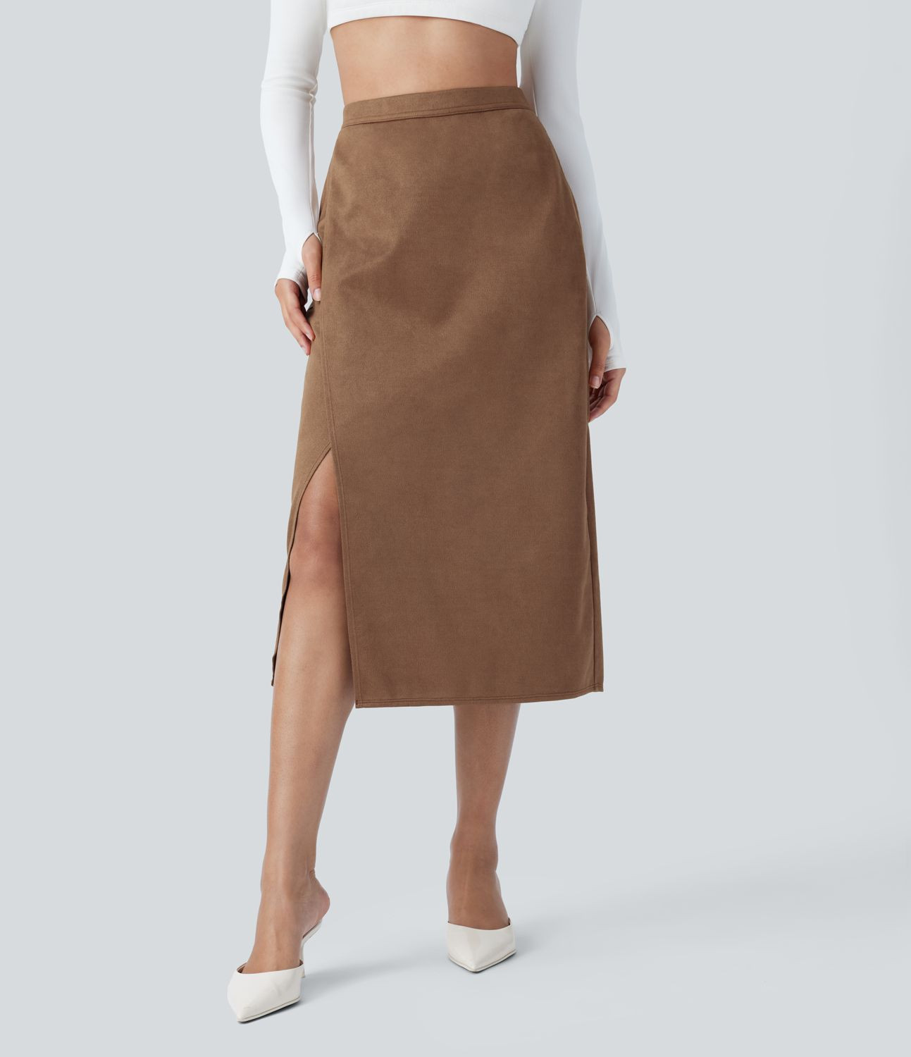 Women’s High Waisted Side Pocket Split Suede Midi Work Skirt - Halara | HALARA
