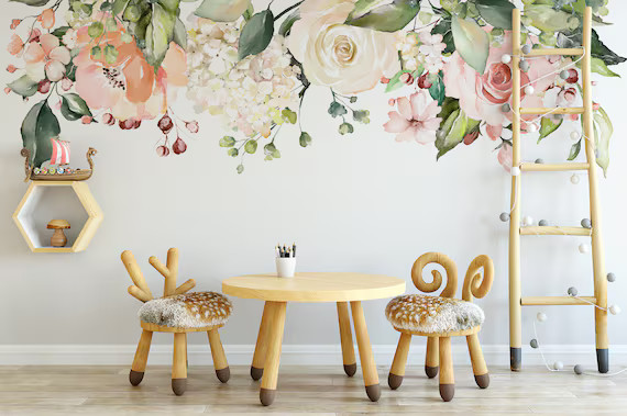 ROSE GARDEN Emma Floral Wall Decal Pink & White Peonies Blooms | Etsy | Etsy (US)