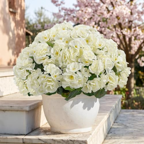 ATTGREAT Artificial Geraniums for Outdoors Faux Plants UV Resistant Flowers Outside Fake Silk Flowers Bulk Realistic Plastic Greenery for Home Porch Planter Patio Decor, 6 Bundles (White) | Amazon (US)