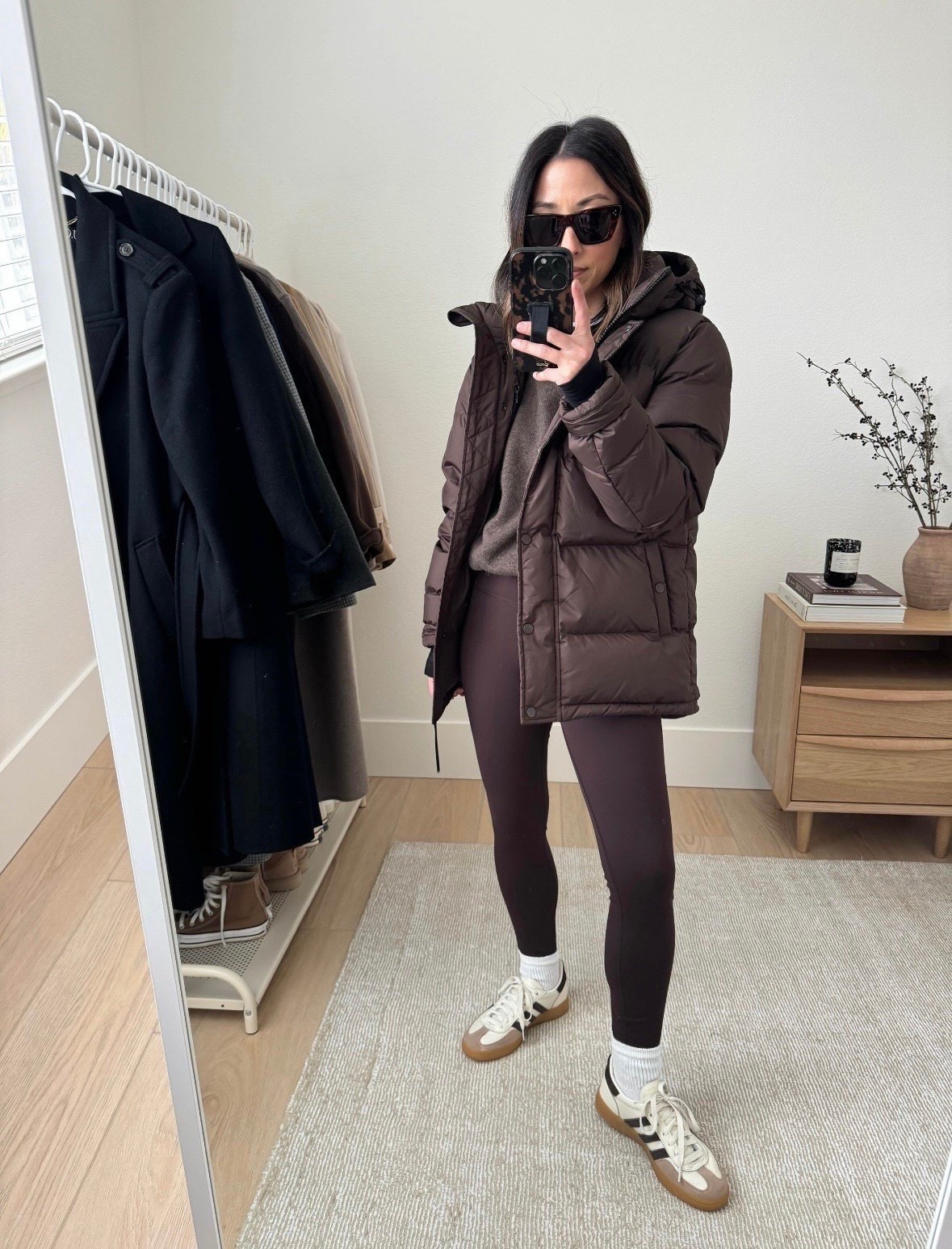 Quince mid length puffer. This is such a good petite-friendly puffer. Amazing quality, warm and great fit. 

Quince puffer xs
Quince sweater xs
Quince leggings xs
Hanes socks
Adidas Spezial sneakers 4 men’s. 
Celine sunglasses 

Petite style, athleisure, coats

#LTKSeasonal #LTKPetite