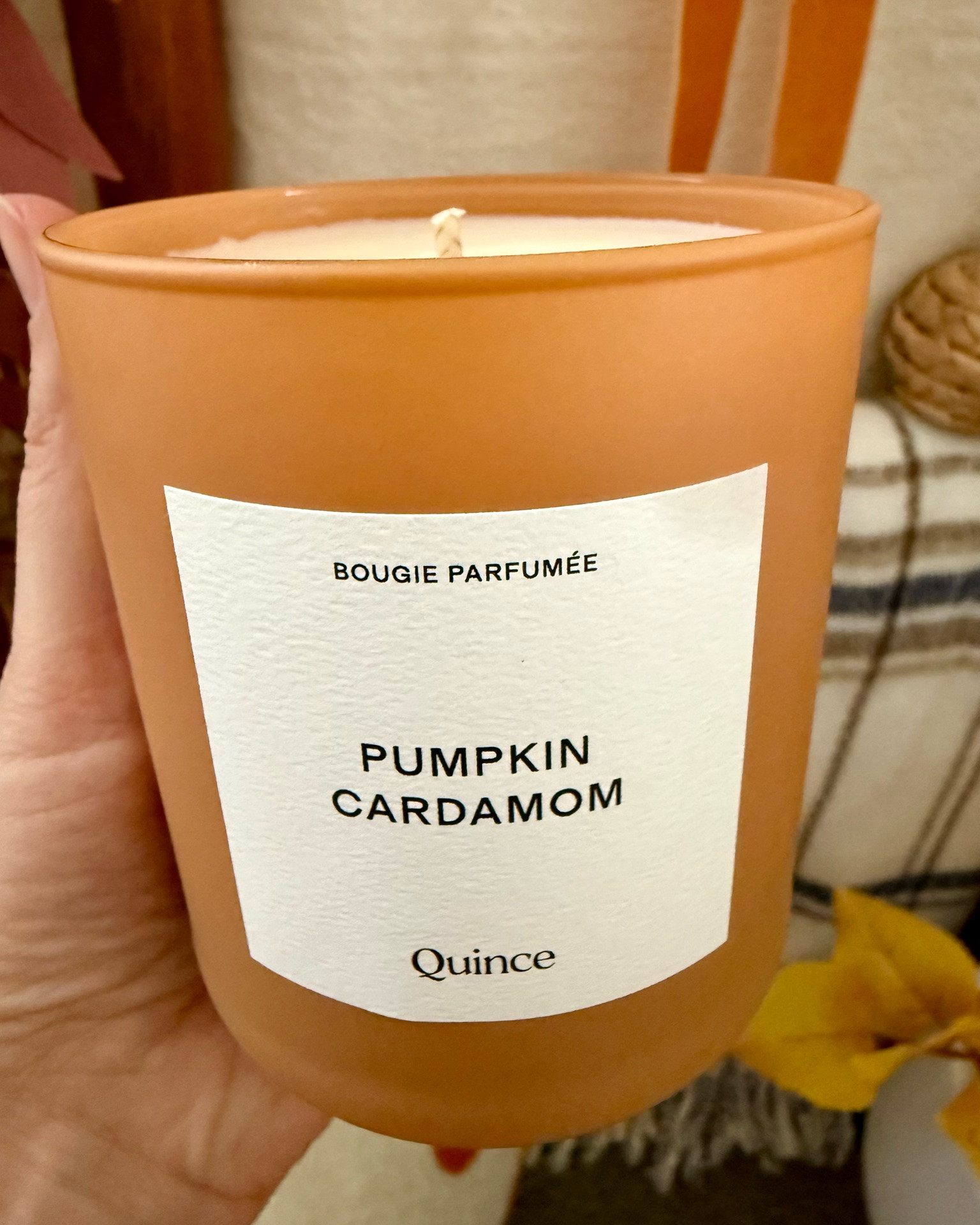 Pumpkin cardamom candle from Quince. It smells amazing. It makes the space feel cozy, with a beautiful strong scent that stays balanced. It comes in a cute box, making it great for gifting.

#LTKSeasonal #LTKHome #LTKselfcare #LTKSaleAlert