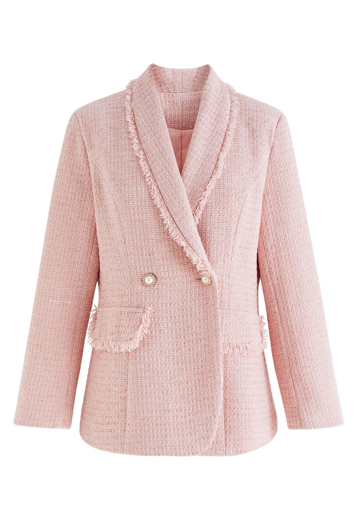 Shawl Collar Fringed Edge Tweed Blazer in Pink | Chicwish