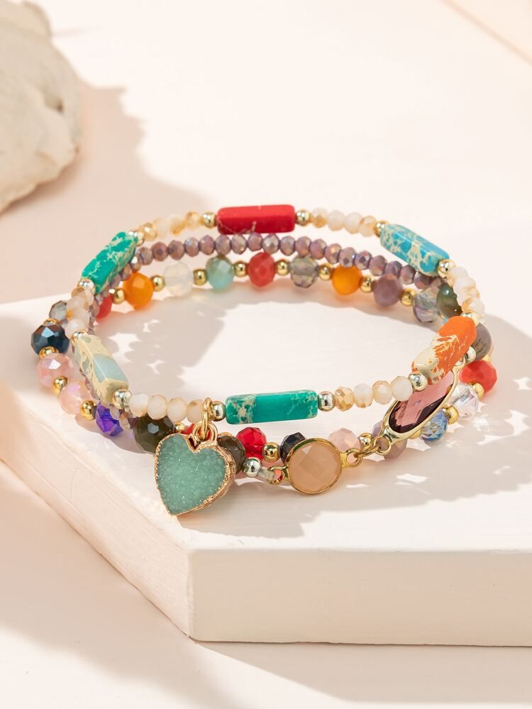 3pcs Heart Charm Crystal Beaded Bracelet | SHEIN