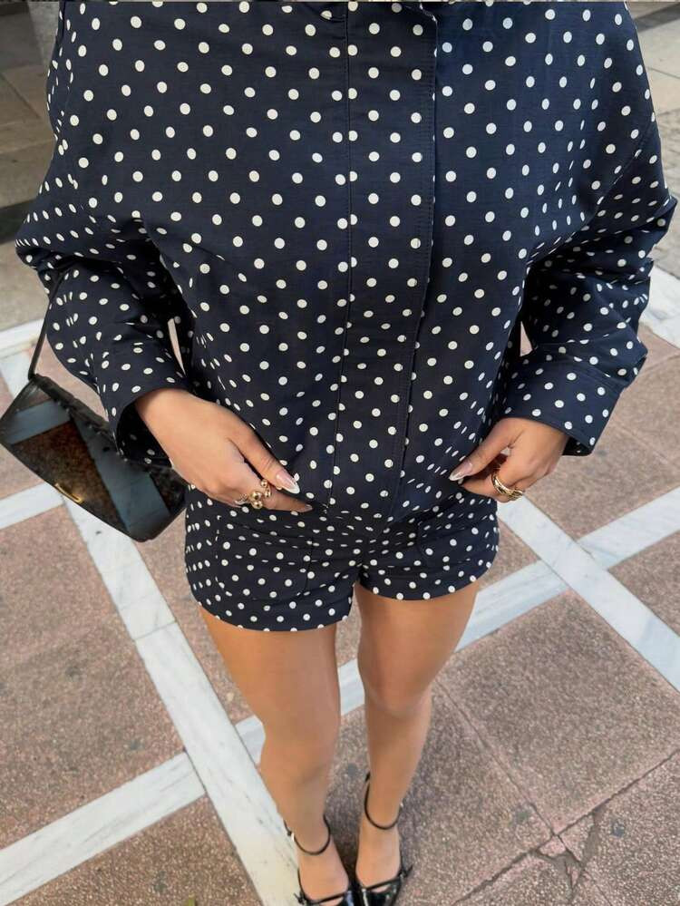 Women's High Neck Polka Dot Print Knitted Casual Long Sleeve Top, Suitable For Spring And Autumn | SHEIN