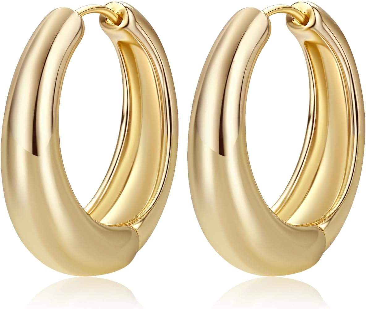 14K Gold Plated Hoop Earrings for Women Trendy, 30MM Medium Thick Costume Gold Chunky Womens Earr... | Amazon (US)