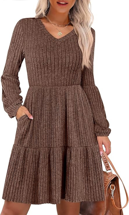ANRABESS Women's Long Lantern Sleeve Ribbed Knit Dresses V Neck Casual 2025 Fall Winter Flowy Swi... | Amazon (US)