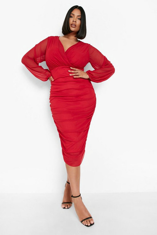 Plus Mesh Wrap Ruched Midi Dress | Boohoo.com (US & CA)