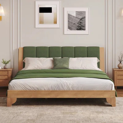 Premium Pine Wood Bed Frame, Bed Frame With Headboard Included,Mid Century Modern Bed,Natural&Green Color | Wayfair North America
