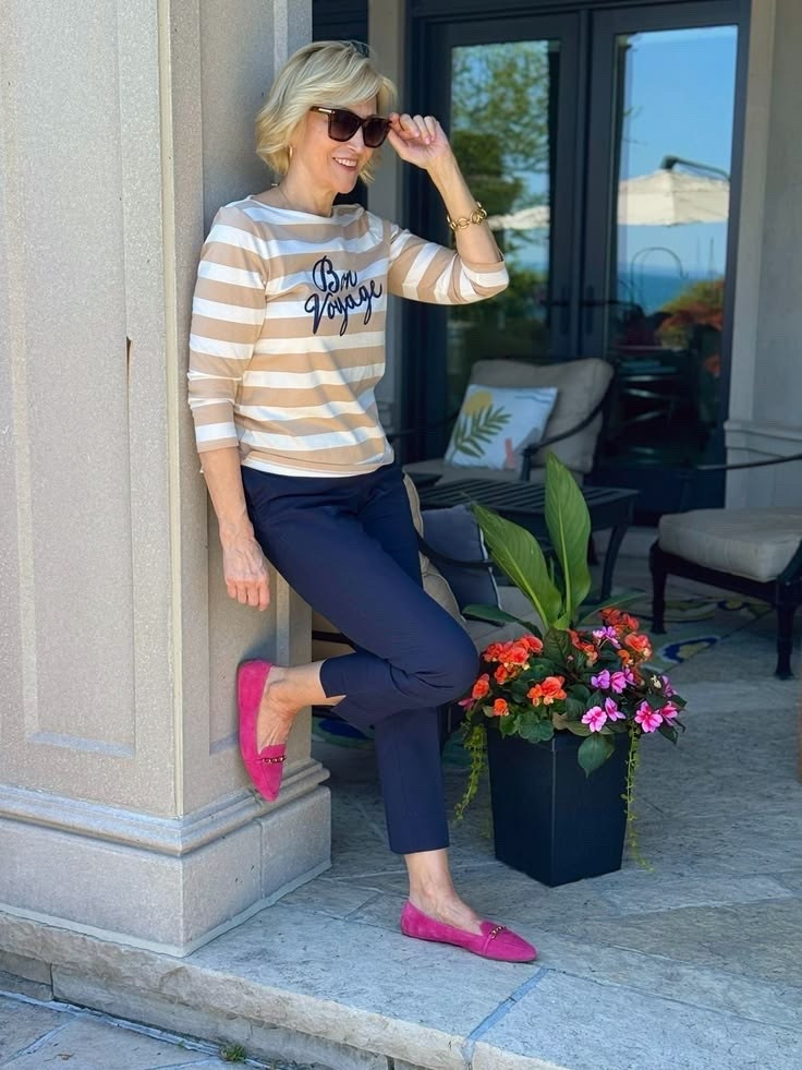 Sometimes all it takes is a classic striped top, a great pair of navy pants, and a fun pop of color to brighten the whole outfit. 💗 These pink flats make me smile every time I wear them! Would you add a bright shoe or keep it neutral? 😊

#LTKSeasonal #LTKOver40 #LTKootd