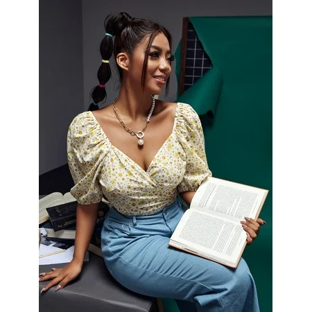 Women s Plus Floral Print Wrap Knot Side Crop Top 12011202W231614 | Walmart (US)